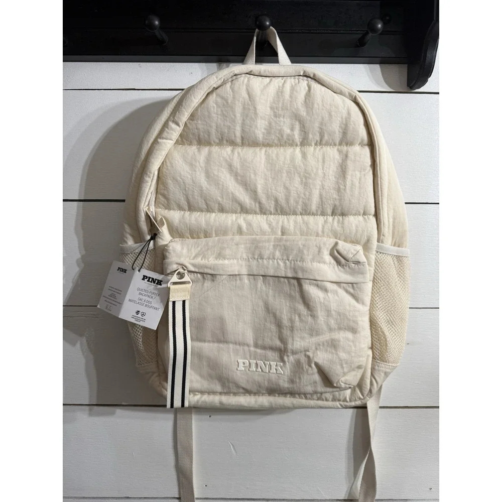 Victoria's Secret PINK Backpack Quilted Puffer Solid Ivory Beige NWT Laptop‎